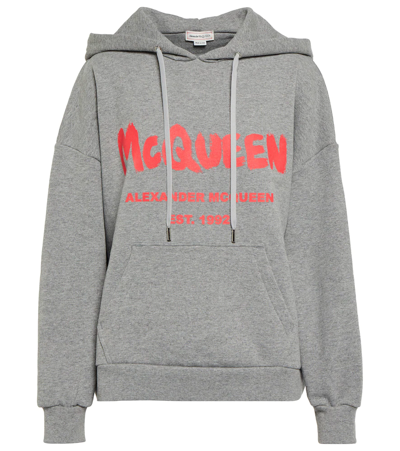 Shop Alexander Mcqueen Logo Cotton Hoodie In Grey Melange / Coral