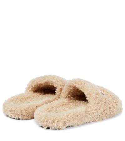 Balenciaga Furry Logo-embroidered Faux Shearling Slides In Beige