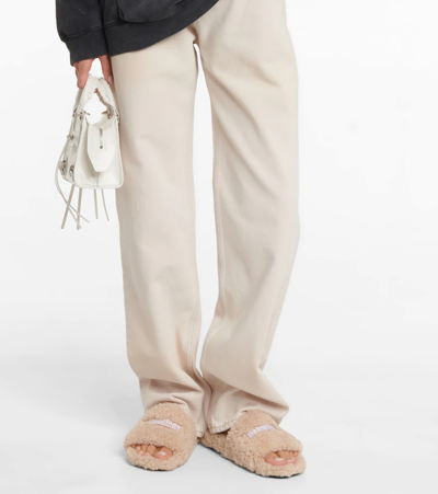 Balenciaga Furry Logo-embroidered Faux Shearling Slides In Beige