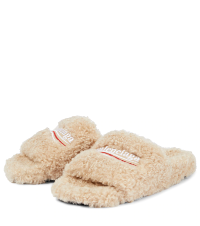 Balenciaga Furry Logo-embroidered Faux Shearling Slides In Beige