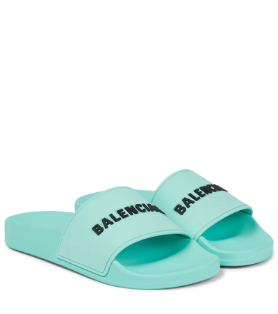 Shop Balenciaga Logo Rubber Slides In Mint/black