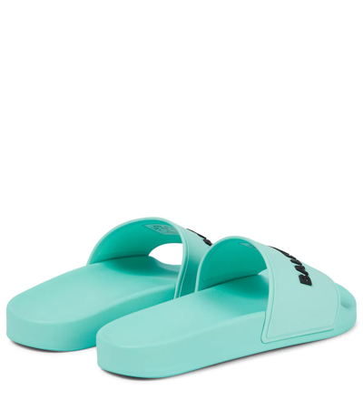 Shop Balenciaga Logo Rubber Slides In Mint/black