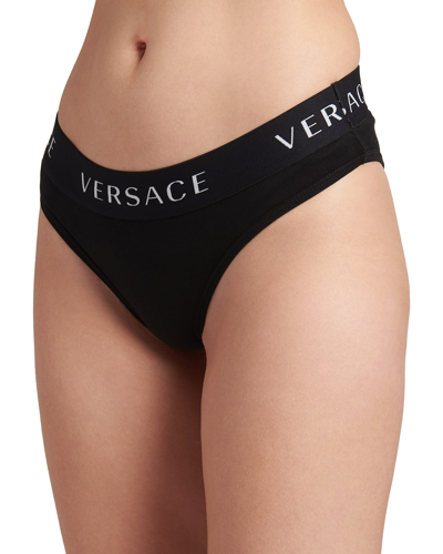 Shop Versace Stretch Cotton Logo Band Briefs In Nero