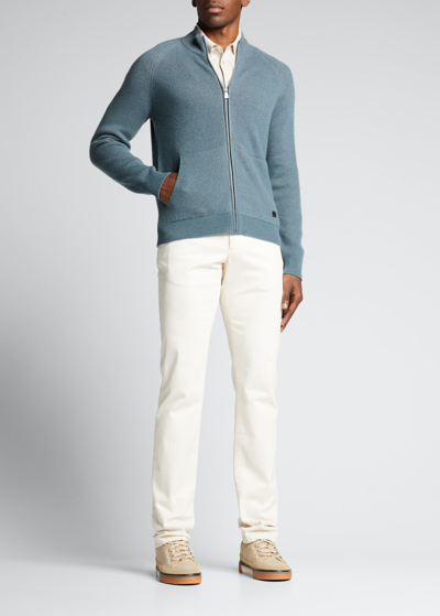 Shop Corneliani Men's Ribbed Full-zip Sweater In Mint
