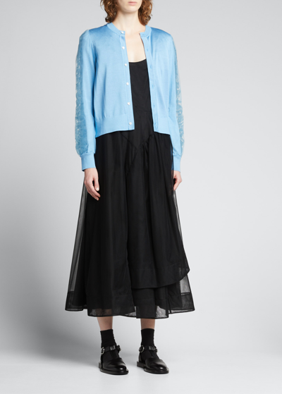 Shop Noir Kei Ninomiya Tulle-sleeve Silk Cardigan Sweater In 2 Blue
