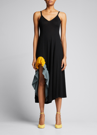 Shop Loewe Rib-knit Ruffle Slit Maxi Dress In Black