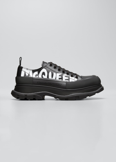 Shop Alexander Mcqueen Men's Tread Slick Leather Low-top Sneakers In Nero Natur