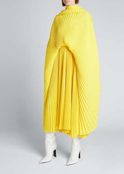 Shop Balenciaga Pleated Drape Crepe Midi Dress In Yellow