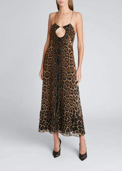 Shop Saint Laurent Leopard Cutout Wool Midi Dress In Natleopard