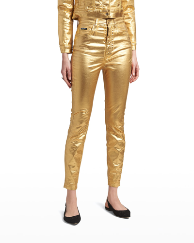 Shop Dolce & Gabbana Laminated Denim Skinny Pants In Gold