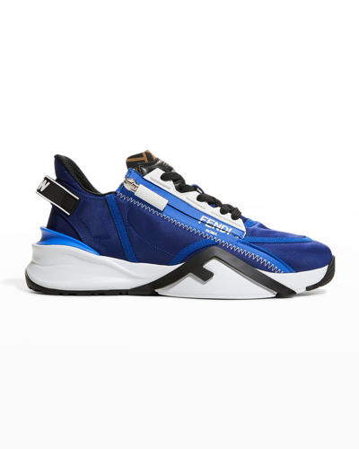 Shop Fendi Men's Flow Logo Zip Nylon Runner Sneakers In Blu Neontabacco N