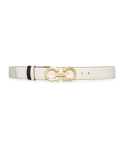Ferragamo Women's Double Gancini Buckle Reversible Leather Belt In White