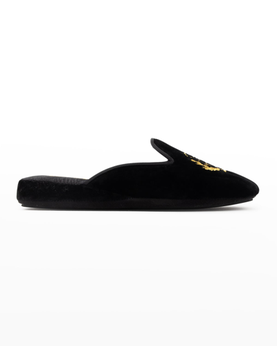 Shop Patricia Green Diana Embroidered Velvet Slippers In Black