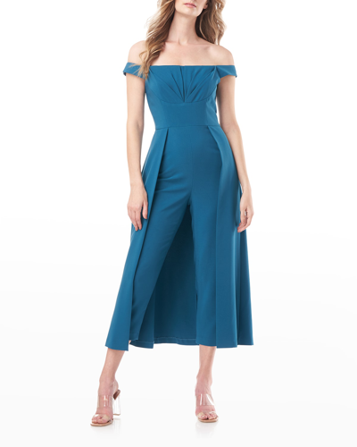 Kay Unger Bridget Off-shoulder Walk-thru Jumpsuit In Teal