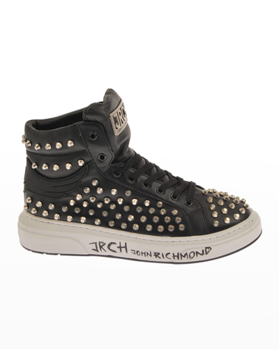 Shop John Richmond Men's Allover Studded Leather High-top Sneakers In Black
