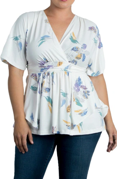 Kiyonna Encore Print Faux Wrap Top In Ivory Brushed Motif