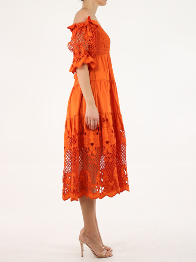 Shop Self-portrait Embroidered Orange Midi Dress