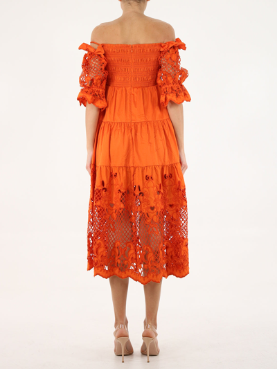 Shop Self-portrait Embroidered Orange Midi Dress
