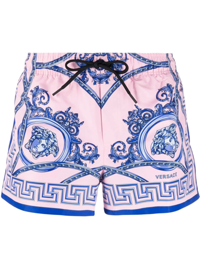 Shop Versace Baroque-print Drawstring-waist Swim Shorts In Rosa