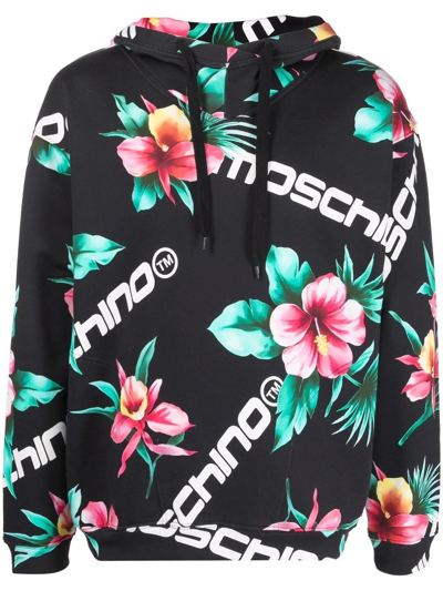 Shop Moschino Floral-and-logo Printed Hoodie In Schwarz
