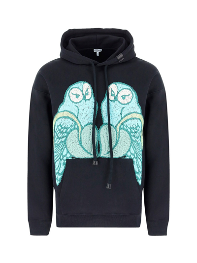 Shop Loewe Owl Embroidered Drawstring Hoodie In Black