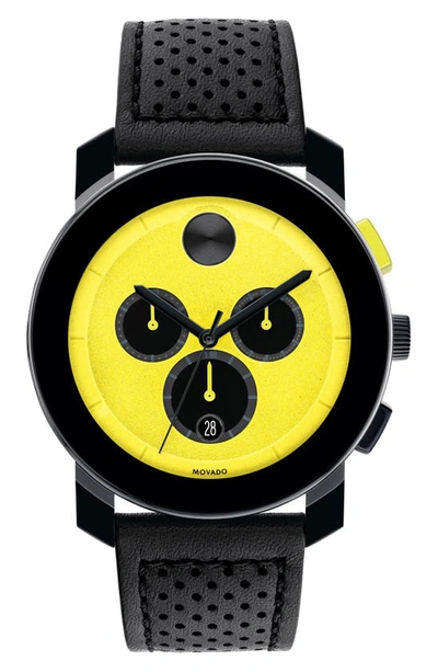 Shop Movado Bold Tr90 Chronograph Leather Strap Watch, 43.5mm In Yellow
