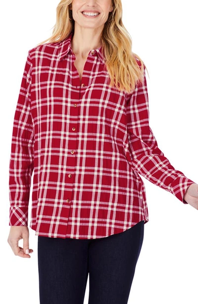 Shop Foxcroft Rhea Plaid Button-up Tunic Shirt In Scarlet Flame
