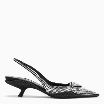Shop Prada Satin  Holiday Slingback Pumps With Crystals In Metal