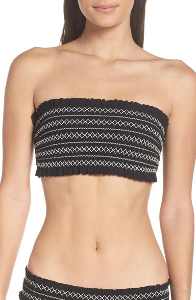 Shop Tory Burch Costa Smocked Bandeau Bikini Top In Black/ New Ivory