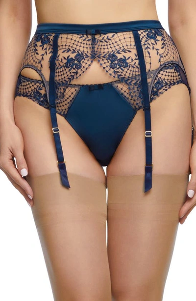 Shop Dita Von Teese Julie's Roses Suspenders In Navy