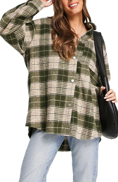 Shop Topshop Plaid Oversize Shacket In Khaki