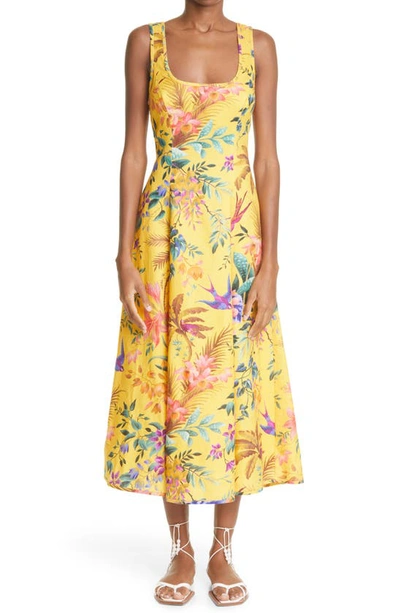 Shop Zimmermann Tropicana Floral Print Cutout Linen Midi Dress In Mango Floral