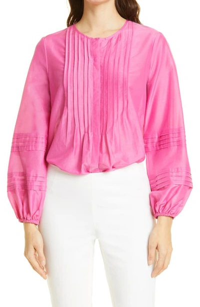 Shop Kobi Halperin Marika Pintuck Cotton & Silk Blouse In Pink Lady