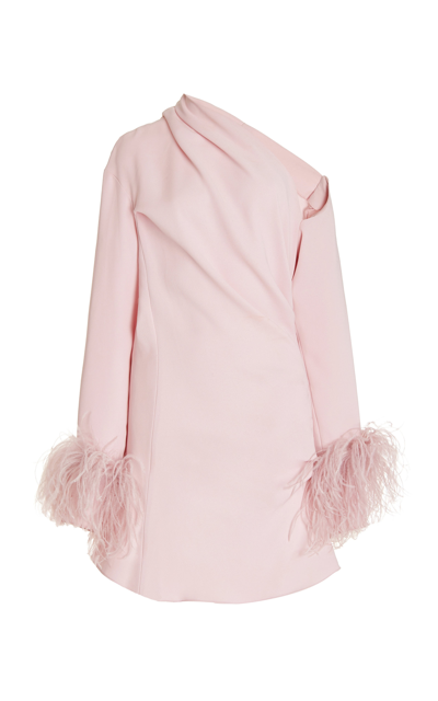 Shop 16arlington Adelaide Feather-trimmed Crepe One-shoulder Mini Dess In Pink