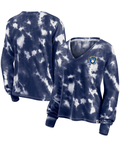 Shop Fanatics Women's White, Navy Milwaukee Brewers Tie-dye V-neck Pullover Cropped Tee In White/navy