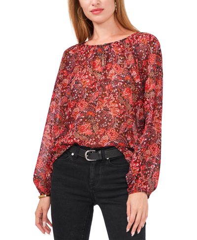 Shop Vince Camuto Paisley-print Keyhole Blouse In Rich Black