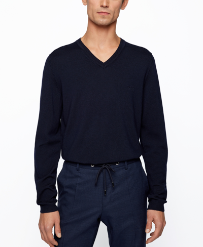 Shop Hugo Boss Boss Men's Regular-fit V-neck Sweater In Dark Blue
