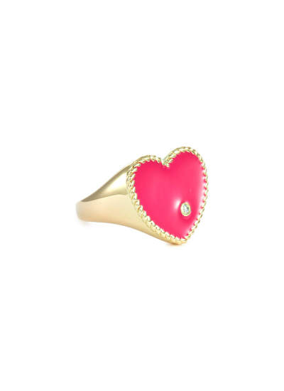 Shop Yvonne Léon Chevaliere Coeur Neon Heart Pinky Diamond Enamel Rose 9k Yellow Gold Ring