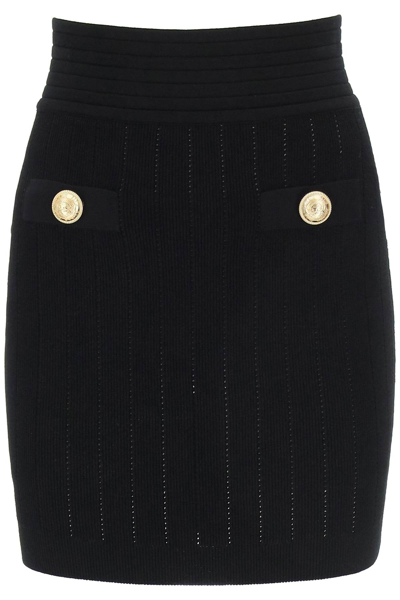 Shop Balmain Knit Mini Skirt With Golden Buttons In Black
