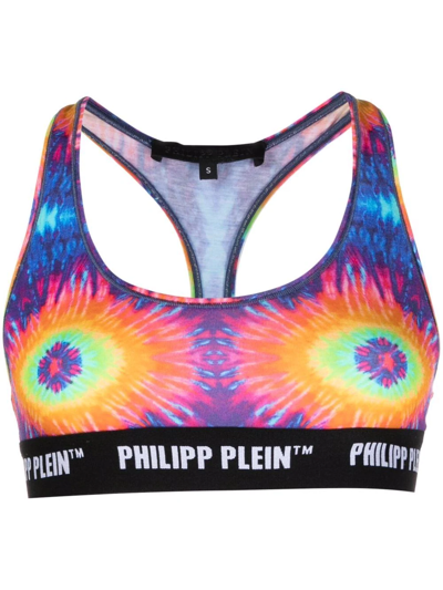 Shop Philipp Plein Tie-dye Logo-undebrand Bra In Blue