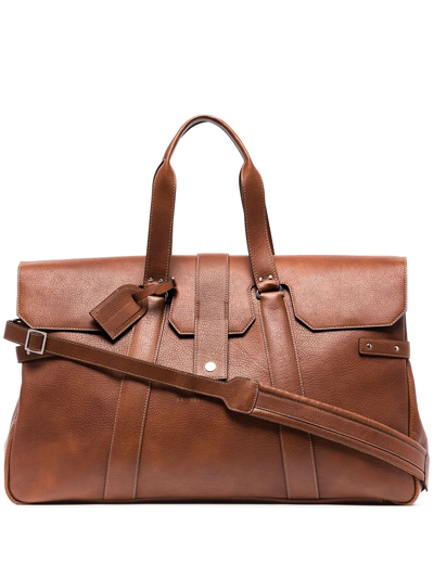 Shop Brunello Cucinelli Logo-stamp Leather Holdall In Brown