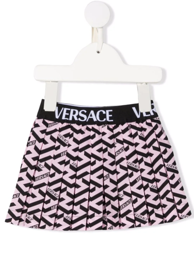 Shop Versace Greca-print Logo-waistband Mini Skirt In Pink