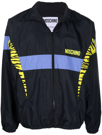 Shop Moschino Panelled Zebra Windbreaker In Black