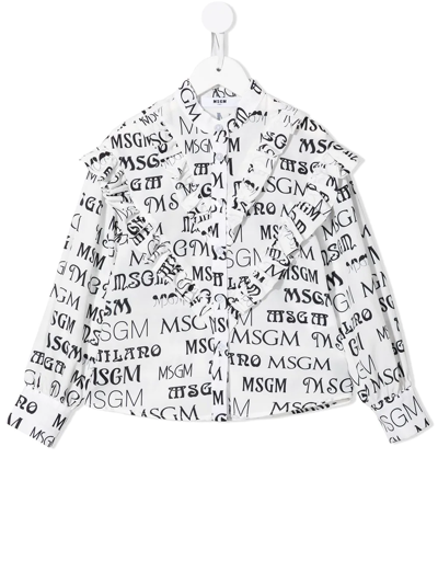 Shop Msgm Ruffled Logo-print Shirt In White