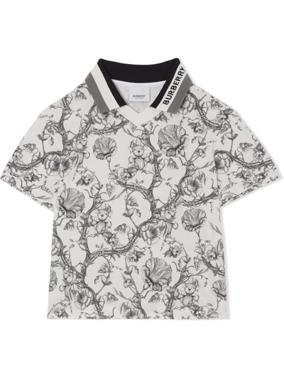 Burberry Boy's Etched Bear & Floral Logo Polo Shirt In Black