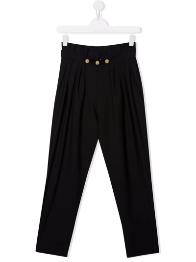 Shop Balmain Teen Pleat-detail Belted Trousers In Black