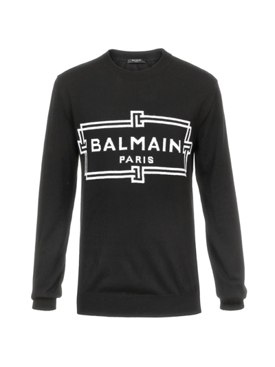 Shop Balmain Men's Logo Knit Crewneck Sweater In Black White