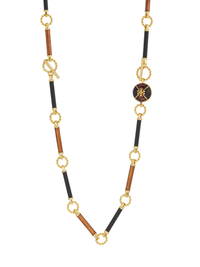 Shop Tory Burch Kira Goldtone, Leather & Resin Chain Necklace In Brass Black