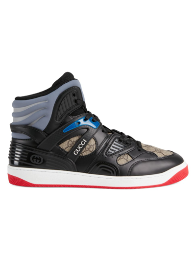 Shop Gucci Men's Basket High-top Sneakers In Black Beige