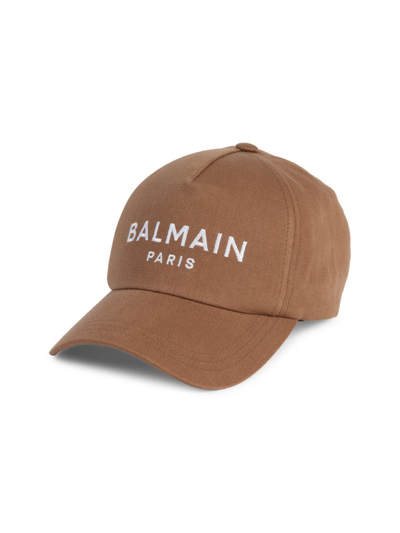 Shop Balmain Cotton Logo Baseball Cap In Taupe